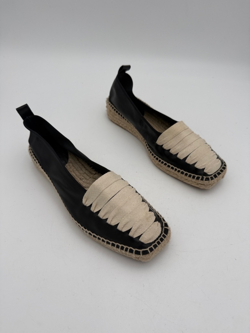 Mango Black Cream Espadrille Loafers women 7.5 leather canvas slip on vacation
